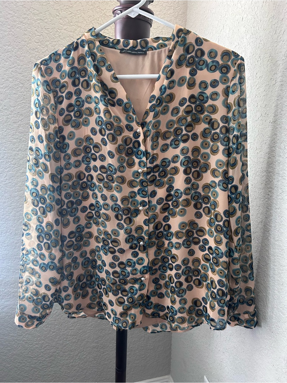 Adrianna Papell Beige Blouse with Teal & Black Circular Print